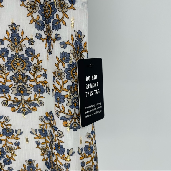 EXPRESS NWT PAISLEY PUFF SLEEVE FIT AND FLARE DRESS WHITE GOLD BLUE XS - Picture 8 of 9